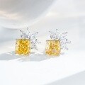 S925 Sterling Silver Earrings, Four-Prong Radiant Cut Ice Flower Blue Topaz and Yellow Diamond Studs-0-1