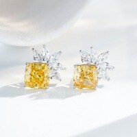 S925 Sterling Silver Earrings, Four-Prong Radiant Cut Ice Flower Blue Topaz and Yellow Diamond Studs.-Yellow Diamond - ED064  925 Silver
