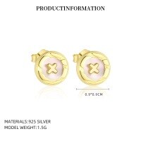 wholesale S925 Sterling Silver Round Vintage Button Earrings With Inlaid White Shell, Luxury Advanced Style, Cross-border Wholesale-YE0211_White Shell_18K Yellow Plated_Pair_With Small Flower Ear Cap 925 Silver