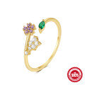 wholesale S925 Sterling Silver Floral Love Open Ring with Diamond and Opal, Korean Style Luxury Ins Small Trendy Index Finger Ring-0-11