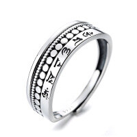wholesale S925 sterling silver vintage distressed multi-layer six-word mantra Thai silver ring trendy unisex index finger ring-471FJ/approx. 2.7g>Adjustable opening