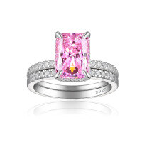 wholesale S925 Sterling Silver European and American Multi-Gemstone Combination Ring Set with Premium 4ct Square Diamond and Flame Ice Cut-Fireworks G-42 Medium Pink US Size 8#