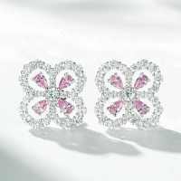 S925 Silver Zirconia Four-Leaf Clover Stud Earrings, High-Carbon Diamond, Ins Style-Light Pink Diamond - ED005  925 Silver