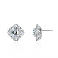S925 Silver Four-Prong Stud Earrings with Square Emerald Moissanite-Single 1-carat diamond (set with D-color moissanite)  925 silver