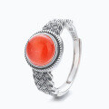 wholesale S925 Sterling Silver Vintage Antique Exquisite Floral Pattern Southern Red Agate Adjustable Ring with Classical Elegance-0-4