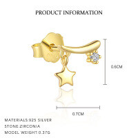 wholesale S925 Sterling Silver Star Earrings with Diamonds, Women's Light Luxury Versatile Ear Accessories-E4643-Gold/Single 925 Silver