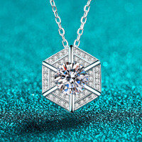 S925 Sterling Silver Moissanite Hexagon Pendant Necklace-6.5mm zircon  925 silver
