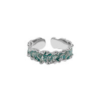 wholesale S925 Sterling Silver Korean Version Ins Indie Design Irregular Textured Surface Inlaid Drip Glaze Finish Open Ring for Women-Platinum [Green glaze dripping] Opening adjustable