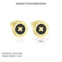 wholesale S925 Sterling Silver Round Vintage Button Earrings With Inlaid White Shell, Luxury Advanced Style, Cross-border Wholesale-YE0211_Black Agate_18K Yellow Plated_Pair_With Small Flower Ear Cap 925 Silver