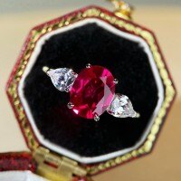 S925 Sterling Silver Ring with Aquamarine and Ruby Oval-Cut Halo Setting Wholesale-Red Corundum - CBJZ518  No. 7