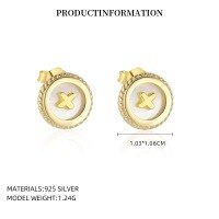 wholesale S925 Sterling Silver Round Vintage Button Earrings With Inlaid White Shell, Luxury Advanced Style, Cross-border Wholesale-YE0206_White Shell_18K Yellow Plated_Pair_With Small Flower Ear Cap 925 Silver