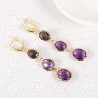 wholesale S925 Sterling Silver Inlaid with Natural Amethyst and Smoky Quartz Gemstone Long Drop Earrings New Style-Natural Smoky Quartz + Amethyst Earrings