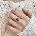 wholesale S925 Sterling Silver Retro Antique Style Coin Red Agate/Amber/Blood Amber Ring Light Luxury National Tide Adjustable Ring-0-2