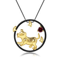 wholesale 925 Silver Chinese Zodiac Dog Pendant with Natural Gemstone, Designer Chinese Style Necklace-Natural garnet pendant (with silver chain)
