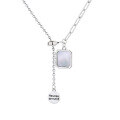wholesale S925 Sterling Silver Trendy Ins-style Mosaic White Mother-of-Pearl Round Pendant Letter Tassel Necklace Women's Collarbone Chain-0-5
