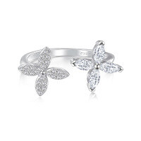 wholesale S925 Sterling Silver Open Four-Leaf Clover Ring for Women, Premium Designer-Inspired Adjustable European and American Fashion Statement Ring-Platinum US size 8#