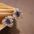 wholesale Metal material natural sapphire clover earrings sapphire flower geometric women's earrings live broadcast supply factory direct sales-0-1