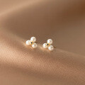 wholesale S925 Sterling Silver Earrings with Three Mini Synthetic Pearlescent Beads, Simple Japanese-style Floral Design M02647-0-2