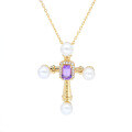 wholesale S925 Sterling Silver Spring & Summer New Royal Style Cross Pendant Necklace with Natural Freshwater Pearl and Amethyst Inlay-0-0