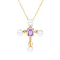 wholesale S925 Sterling Silver Spring & Summer New Royal Style Cross Pendant Necklace with Natural Freshwater Pearl and Amethyst Inlay-Natural Freshwater Pearl Cross Necklace 925 Silver