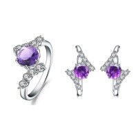 wholesale S925 Silver Custom Natural Amethyst Ring and Stud Earrings Two-Piece Set Set with Natural Colored Gemstone Jewelry-Amethyst Ring 925 Silver