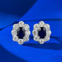 wholesale S925 Silver Earrings with 4*6mm Oval Pigeon Blood Red Corundum, Fashionable and Versatile Style for Daily Wear-E518 Blue Steel 925 Silver