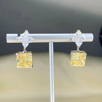 wholesale S925 Silver New 10*10mm Imported High-Carbon Square Cut Yellow Diamond Stud Earrings for Women, Elegant Style-E458 Yellow Diamond 925 Silver