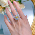 wholesale S925 Sterling Silver Imported High Carbon Diamond 6*6 Yellow Diamond Ring Cluster Floral Setting Engagement Ring-0-3