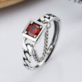 wholesale S925 Sterling Silver Retro Fashion Minimalist Design Chain Square Zirconia Open Ring-0-5