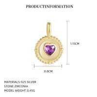 wholesale S925 Sterling Silver French Retro Irregular Heart Pendant Necklace With Inlaid Rhombus Color Zircon-A4384_Medium purple blue_18K yellow plated_Swimming paint_Palladium base_Single pendant 925 silver