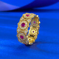 wholesale S925 Silver Jewelry New Style Exquisite Red Diamond Hollow Floral Pattern Stackable Ring Gold Tone Vintage New Chinese Style Cross-Border Live-0-1