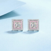 wholesale S925 Sterling Silver New Square Sugar Moissanite Stud Earrings, Sweet and Elegant, Popular Among Internet Celebrities and Anchor Sales-Zircon/Platinum Rose Gold 925 Silver