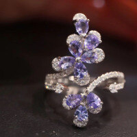wholesale S925 Silver Wholesale Natural Tanzanite Ring Set with 9 Pcs 3*5mm Pear Shaped Main Stones Light Luxury Fashion Jewelry-Natural Tanzanite Ring Adjustable Opening