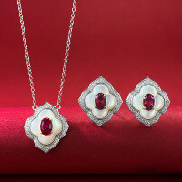 wholesale S925 silver jewelry live stream new product: white mother-of-pearl inlaid with pigeon blood red 4*6mm necklace women's collarbone pendant-N352 Pigeon Blood Red>925 Silver