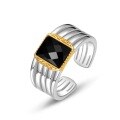 wholesale S925 Sterling Silver Geometric Square Black Onyx Ring, Korean Style Minimalist Adjustable Open Ring for Fashion Trend Wholesale-0-5