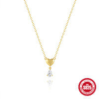 wholesale S925 Sterling Silver minimalist polished teardrop heart pendant necklace with crystal accents,-Gold 925 silver