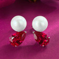 wholesale Metal material first, Zhuozhifan Jewelry New 8*12 Pigeon Blood Red with 10mm Pearl Stud Earrings Fashion Versatile Ear Accessories-0-0