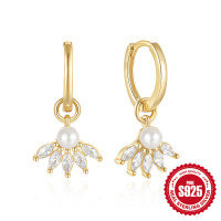 wholesale 925 Sterling Silver Marquise Diamond Pearl Hoop Earrings,INS-Gold 925 silver