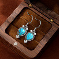 wholesale 925 Sterling Silver European and American Vintage Bohemian Style Turquoise Drop Earrings, Antique Long Dangle Earrings-0-3
