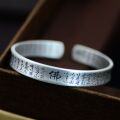 wholesale 999 Silver Ancient Style Prajna Heart Open-Ended Bracelet, Pure Silver Retro Buddha Character Men's Bracelet Accessory-0-0