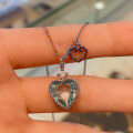 wholesale 925 Sterling Silver Aquamarine Heart Necklace for Women, Summer New Style with Micro-Inlaid Zircon Blue Heart-Shaped Collarbone Chain-0-3