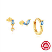 wholesale S925 Sterling Silver Classic Eight-Pointed Star Zircon Ear Hoop and Stud Earring Set,-3-piece set, gold #6&gt;925 silver