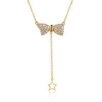 wholesale Metal: 18K/14K/9K Gold, New Ins Style Fashion Trend Women's Bow Diamond Inlaid Necklace-Gold 9K Moissanite