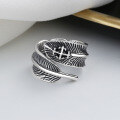 wholesale S925 Sterling Silver Creative Vintage Three-Dimensional Feather Design Thai Silver Ring, Minimalist Korean Style Artistic Index Finger Ring-0-2
