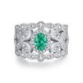 wholesale S925 Sterling Silver Muzo Green Emerald Ring with Inclusions, Pagoda Square Setting and High Carbon Zirconia-0-30