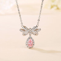 wholesale S925 Sterling Silver Summer Pink Diamond Teardrop Small and Chic Everyday Versatile Live Broadcast Hit Necklace Women's Ice-Cut Pendant-necklace