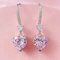 wholesale S925 Sterling Silver 10*10 Heart-Shaped Long Drop Hook Earrings with Pink, White, and Yellow High-Carbon Diamonds-0-2