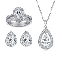 wholesale 925 Sterling Silver Zircon Teardrop Ring Set with Heart Necklace and Stud Earrings, Three-Piece Jewelry Suite-Earrings TLED093>925 silver