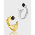 wholesale S925 Sterling Silver 938 Niche and Unique Open-End Ring with Inlaid Black Agate, Ins High-End Light Luxury for Women-0-1
