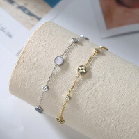 wholesale Sterling Silver Cloud-Pull Silver Jewelry Lucky Black Shell Four-Leaf Clover Anklet, Non-Tarnish for Girls, High-End Style with Inlaid 5A White Zircon-Natural black shell + round white zirconium electroplated 14K gold 21.5+5cm 2.35g 925 silver